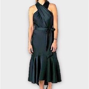 NWT Taylor Halter Neck Midi Dress Green Cross Satin Sleeveless Fit Flare Mermaid